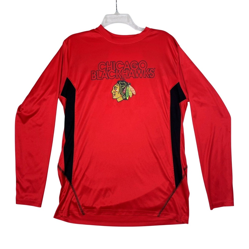 NHL Chicago‎ Blackhawks Shirt Mens Large Red Performance Long Sleeve Logo Hockey